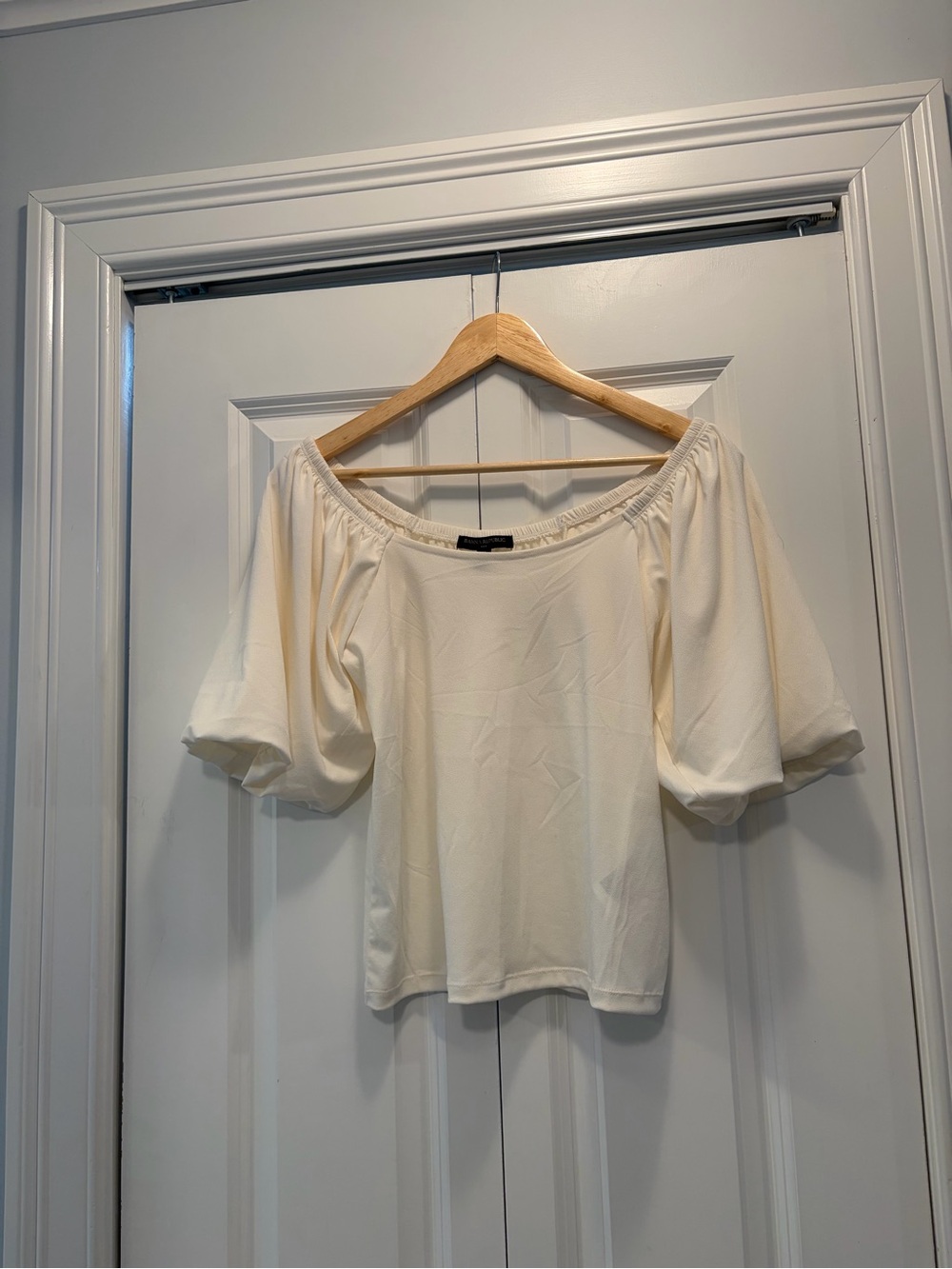 Banana Republic Cream and Navy Off-Shoulder Puff Sleeve Top